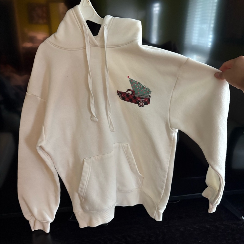 White Hoodie with Festive Truck Design